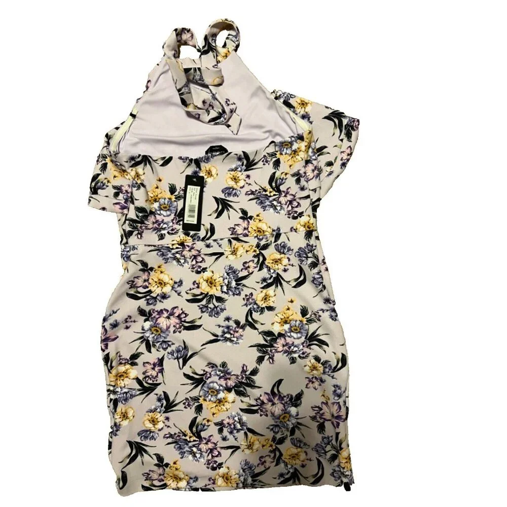 BEBE Dress 10 Lavender Stretch Floral Halter Tie Ruffle Summer Fairy NWT $129